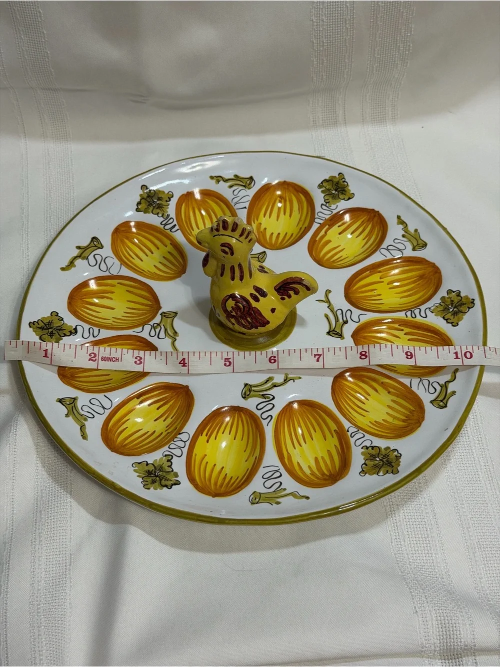 Vintage Devilled Egg Plate With Chicken Handle Hand Painted Ceramic Core Cottage